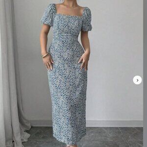 Blue Floral Short Sleeve Dress